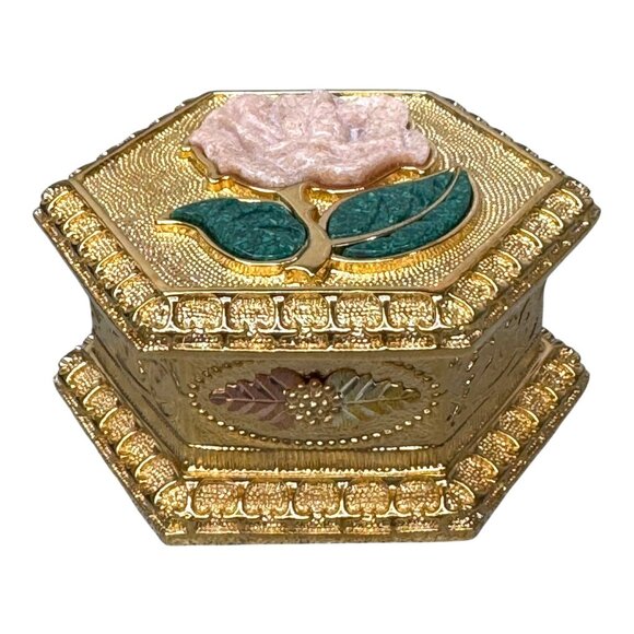 Black Hills Gold Jewelry Trinket Box No. 2 Hexagon Pink Rose Inlaid Gemstone - Picture 2 of 8